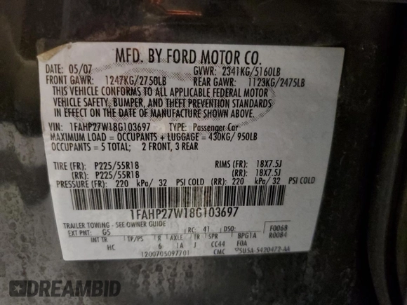 2008 Ford Taurus SEL with VIN 1FAHP27W18G103697, listed as a Copart auction lot 44206775 with 178,726 mi miles and Salvage Title. Bid and sale history available at carsss.com. Image 13.