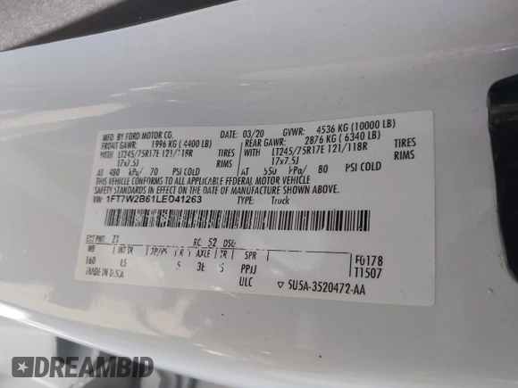 2020 Ford F-250 XL with VIN 1FT7W2B61LED41263, listed as a IAAI auction lot 41367211 with 182,003 mi miles and . Bid and sale history available at DreamBid. Image 9.