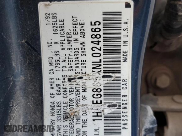 1992 Honda Civic z VIN 1HGEG865XNL024865, wystawiony jako Copart lot #74960694 z przebiegiem 286 953 mil mil oraz Szkoda całkowita • Salvage title. Historia ofert i sprzedaży dostępna na DreamBid. Obrazek 12.