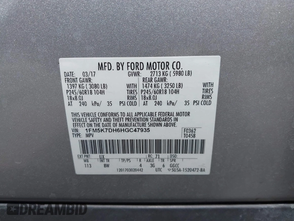 2017 Ford Explorer XLT with VIN 1FM5K7DH6HGC47935, listed as a IAAI auction lot 42363656 with 171,503 mi miles and . Bid and sale history available at DreamBid. Image 9.