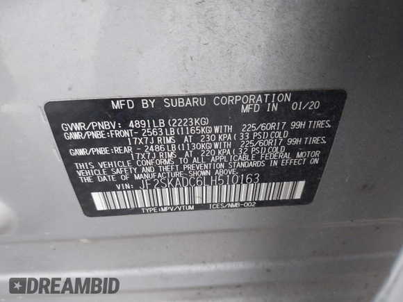 2020 Subaru Forester with VIN JF2SKADC6LH510163, listed as a IAAI auction lot 42378967 with 135,738 mi miles and . Bid and sale history available at DreamBid. Image 9.