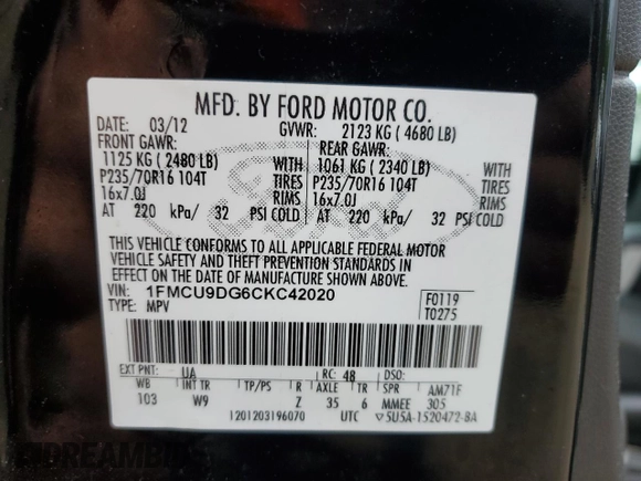 2012 Ford Escape XLT с VIN 1FMCU9DG6CKC42020, выставлен на аукционе Copart как лот 61827055 с пробегом 146 456 миль миль и Чистый • Clean title. История ставок и продаж доступна на DreamBid. Изображение 13.