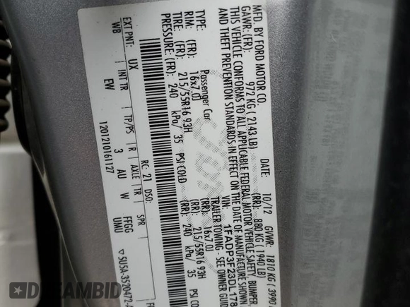 2013 Ford Focus SE with VIN 1FADP3F23DL178616, listed as a Copart auction lot 52669235 with 253,715 mi miles and Salvage Title. Bid and sale history available at carsss.com. Image 12.