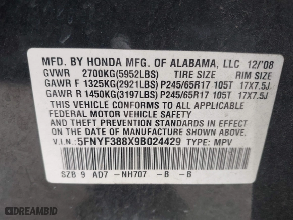 2009 Honda Pilot Touring with VIN 5FNYF388X9B024429, listed as a IAAI auction lot 41924600 with 125,400 mi miles. Bid and sale history available at carsss.com. Image 9.