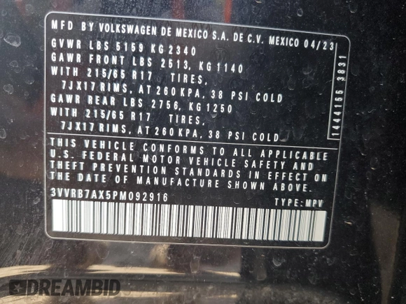 2023 Volkswagen Tiguan S with VIN 3VVRB7AX5PM092916, listed as a Copart auction lot 52083855 with 43,707 mi miles and Salvage title. Bid and sale history available at DreamBid. Image 13.
