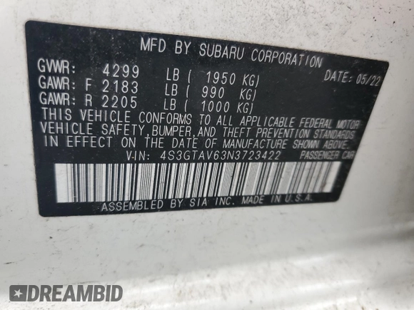 2022 Subaru Impreza Premium with VIN 4S3GTAV63N3723422, listed as a Copart auction lot 57271765 with Not provided miles and Salvage title. Bid and sale history available at DreamBid. Image 12.
