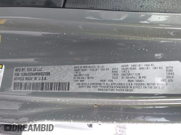 2021 Jeep Wrangler Unlimited Willys с VIN 1C4HJXDN4MW832099, выставлен на аукционе IAAI как лот 41994483 с пробегом 63 172 миль миль и . История ставок и продаж доступна на DreamBid. Изображение 9.
