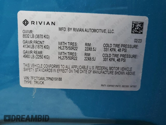 2023 Rivian R1T Launch Edition with VIN 7FCTGAAL7PN019188, listed as a Copart auction lot 55100405 with 13,654 mi miles and Salvage Title. Bid and sale history available at DreamBid. Image 13.