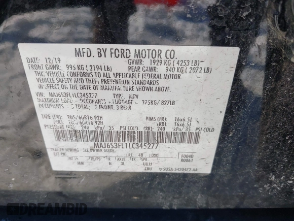2020 Ford EcoSport S with VIN MAJ6S3FL1LC345277, listed as a IAAI auction lot 41634439 with 76,790 mi miles and . Bid and sale history available at DreamBid. Image 9.