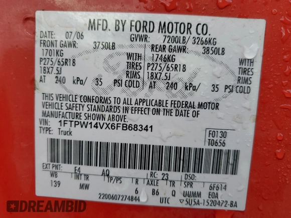 2006 Ford F-150 XLT with VIN 1FTPW14VX6FB68341, listed as a Copart auction lot 47456855 with 181,459 mi miles and Salvage Title. Bid and sale history available at carsss.com. Image 12.