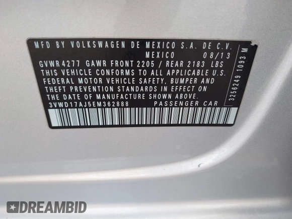 2014 Volkswagen Jetta Sedan SE w/Connectivity/Sunroof PZEV with VIN 3VWD17AJ5EM362888, listed as a IAAI auction lot 41787904 with 143,332 mi miles. Bid and sale history available at carsss.com. Image 9.