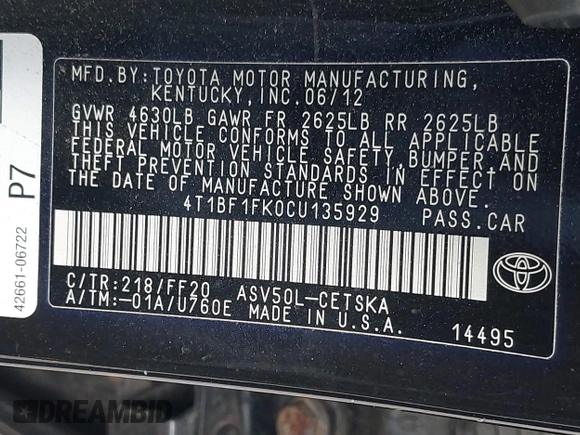 2012 Toyota Camry L with VIN 4T1BF1FK0CU135929, listed as a IAAI auction lot 42059366 with 172,236 mi miles. Bid and sale history available at carsss.com. Image 9.