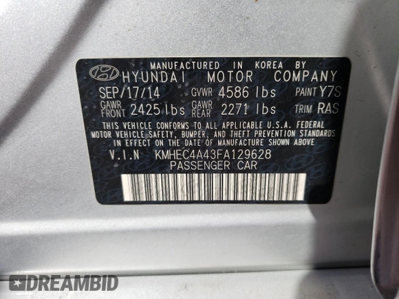 2015 Hyundai Sonata Hybrid Limited with VIN KMHEC4A43FA129628, listed as a Copart auction lot 45209123 with 142,389 mi miles. Bid and sale history available at carsss.com. Image 12.