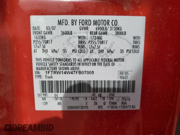 2007 Ford F-150 XLT z VIN 1FTRW14W47FB07005, wystawiony jako Copart lot #43366735 z przebiegiem 182 400 mil mil oraz Szkoda całkowita • Salvage title. Historia ofert i sprzedaży dostępna na DreamBid. Obrazek 12.