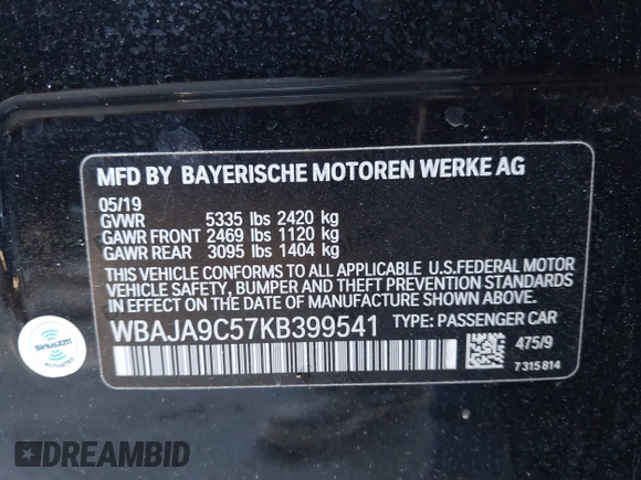 2019 BMW 5 Series 530e with VIN WBAJA9C57KB399541, listed as a IAAI auction lot 41656775 with 96,523 mi miles and . Bid and sale history available at DreamBid. Image 9.