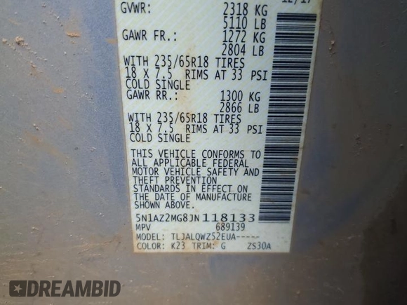 2018 Nissan Murano SV with VIN 5N1AZ2MG8JN118133, listed as a Copart auction lot 85597404 with 237,177 mi miles and Salvage Title. Bid and sale history available at carsss.com. Image 13.