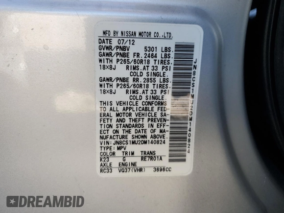 2013 Infiniti FX with VIN JN8CS1MU2DM140824, listed as a Copart auction lot 47766185 with Not Provided miles and Salvage Title. Bid and sale history available at carsss.com. Image 12.