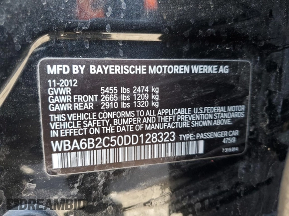 2013 BMW 6 Series 650i with VIN WBA6B2C50DD128323, listed as a Copart auction lot 43059985 with 106,861 mi miles and Clean Title. Bid and sale history available at DreamBid. Image 12.