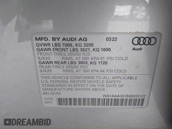 2022 Audi e-tron Premium with VIN WA1AAAGE3NB033122, listed as a IAAI auction lot 42081343 with 36,171 mi miles and . Bid and sale history available at DreamBid. Image 9.