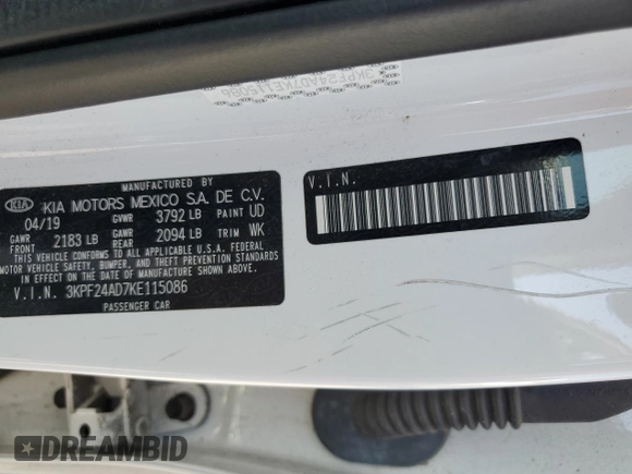 2019 Kia Forte LXS with VIN 3KPF24AD7KE115086, listed as a Copart auction lot 52215415 with 49,030 mi miles and Salvage title. Bid and sale history available at DreamBid. Image 13.