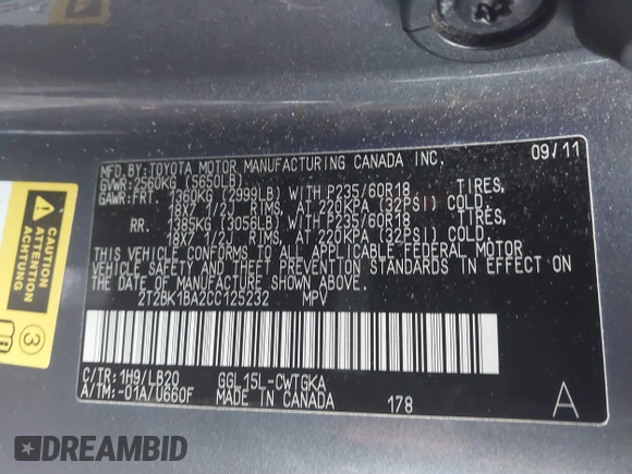 2012 Lexus RX 350 with VIN 2T2BK1BA2CC125232, listed as a IAAI auction lot 41047067 with 250,000 mi miles. Bid and sale history available at carsss.com. Image 9.