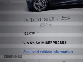 2014 Tesla Model S 60 with VIN 5YJSA1H16EFP52853, listed as a IAAI auction lot 41941989 with 132,038 mi miles and . Bid and sale history available at DreamBid. Image 15.