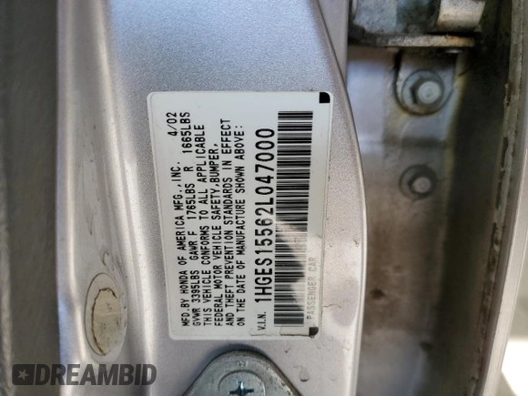 2002 Honda Civic LX with VIN 1HGES15562L047000, listed as a Copart auction lot 46567405 with 224,963 mi miles and Salvage Title. Bid and sale history available at DreamBid. Image 12.