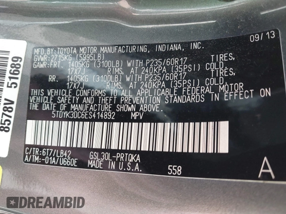 2014 Toyota Sienna XLE with VIN 5TDYK3DC6ES414892, listed as a IAAI auction lot 42545666 with 135,805 mi miles and . Bid and sale history available at DreamBid. Image 9.