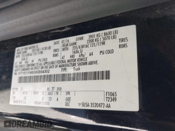 2016 Ford Transit Cargo with VIN 1FTYE1YM5GKB54302, listed as a IAAI auction lot 40715142 with 119,047 mi miles. Bid and sale history available at carsss.com. Image 8.