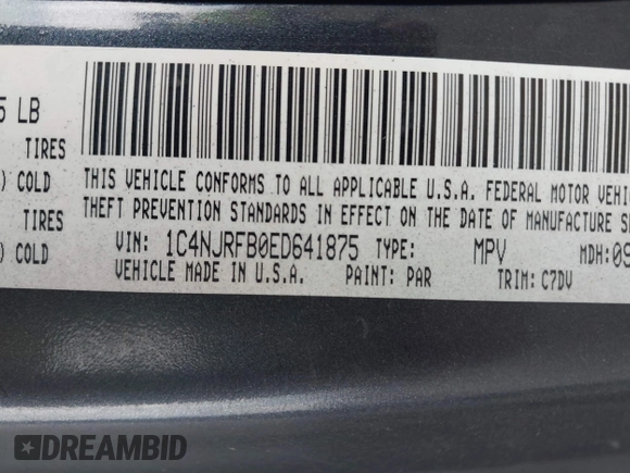 2014 Jeep Patriot Latitude with VIN 1C4NJRFB0ED641875, listed as a IAAI auction lot 42447186 with 137,499 mi miles and . Bid and sale history available at DreamBid. Image 9.