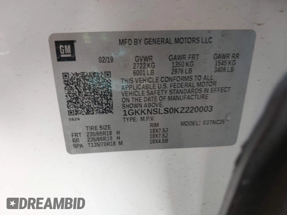 2019 GMC Acadia SLE with VIN 1GKKNSLS0KZ220003, listed as a IAAI auction lot 41381117 with 62,780 mi miles and . Bid and sale history available at DreamBid. Image 9.