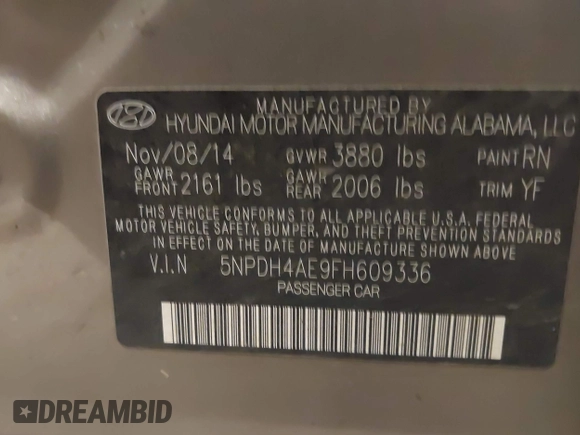 2015 Hyundai Elantra SE with VIN 5NPDH4AE9FH609336, listed as a IAAI auction lot 41831737 with 177,089 mi miles and . Bid and sale history available at DreamBid. Image 9.