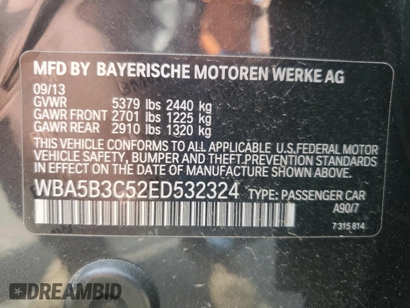 2014 BMW 5 Series 535i xDrive with VIN WBA5B3C52ED532324, listed as a Copart auction lot 52779365 with 69,784 mi miles and Clean Title. Bid and sale history available at carsss.com. Image 13.