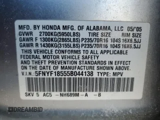 2005 Honda Pilot EX-L with VIN 5FNYF18555B044138, listed as a Copart auction lot 43066385 with 220,709 mi miles and Salvage Title. Bid and sale history available at carsss.com. Image 12.
