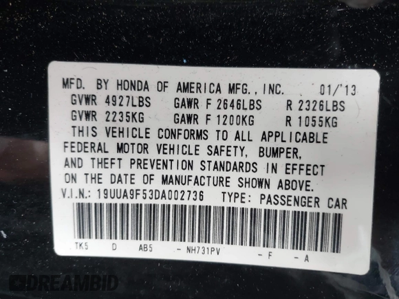 2013 Acura TL Technology z VIN 19UUA9F53DA002736, wystawiony jako IAAI lot #42303364 z przebiegiem 154 984 mil mil oraz . Historia ofert i sprzedaży dostępna na DreamBid. Obrazek 9.