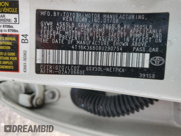 2008 Toyota Avalon XL with VIN 4T1BK36B08U290754, listed as a Copart auction lot 51669575 with 116,881 mi miles and Salvage Title. Bid and sale history available at DreamBid. Image 12.