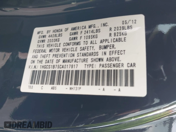 2012 Honda Accord EX with VIN 1HGCS1B75CA017917, listed as a IAAI auction lot 40744528 with 111,213 mi miles and . Bid and sale history available at DreamBid. Image 9.