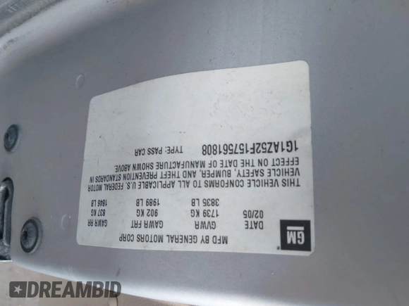 2005 Chevrolet Cobalt LT with VIN 1G1AZ52F157561808, listed as a IAAI auction lot 41656867 with 166,345 mi miles and . Bid and sale history available at DreamBid. Image 9.