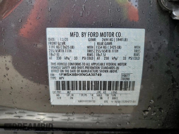 2022 Ford Explorer with VIN 1FMSK8BHXNGA30749, listed as a Copart auction lot 53938235 with 51,212 mi miles and Non repairable. Bid and sale history available at DreamBid. Image 14.