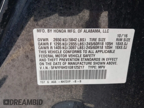 2016 Honda Pilot EX-L z VIN 5FNYF6H51GB125217, wystawiony jako IAAI lot #41993736 z przebiegiem 113 267 mil mil oraz . Historia ofert i sprzedaży dostępna na DreamBid. Obrazek 9.
