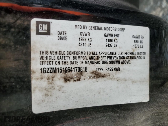 2006 Pontiac G6 GTP with VIN 1G2ZM151964170818, listed as a Copart auction lot 79933174 with 196,112 mi miles and Salvage Title. Bid and sale history available at carsss.com. Image 13.