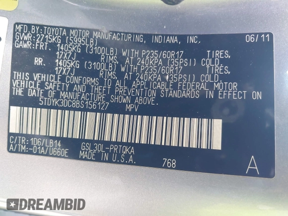 2011 Toyota Sienna XLE AAS with VIN 5TDYK3DC8BS156127, listed as a IAAI auction lot 42103980 with 129,851 mi miles. Bid and sale history available at carsss.com. Image 9.