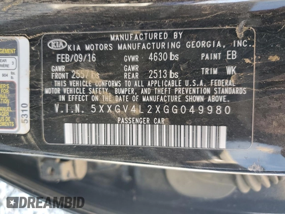 2016 Kia Optima SXL Turbo with VIN 5XXGV4L2XGG049980, listed as a Copart auction lot 43085085 with Not Provided miles and Salvage Title. Bid and sale history available at carsss.com. Image 13.