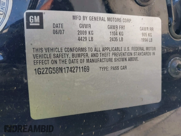 2007 Pontiac G6 with VIN 1G2ZG58N174271169, listed as a IAAI auction lot 40366548 with 108,055 mi miles. Bid and sale history available at carsss.com. Image 9.