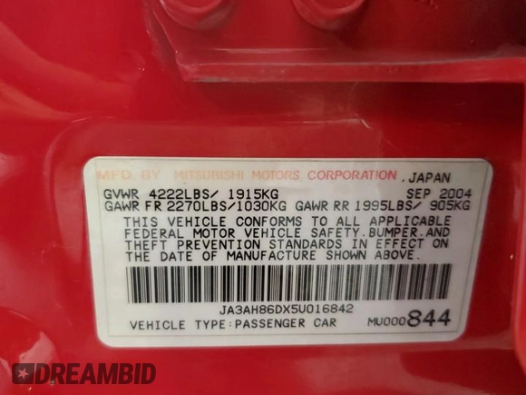 2005 Mitsubishi Lancer Evolution VIII z VIN JA3AH86DX5U016842, wystawiony jako Copart lot #51257475 z przebiegiem 72 698 mil mil oraz Szkoda całkowita • Salvage title. Historia ofert i sprzedaży dostępna na DreamBid. Obrazek 12.