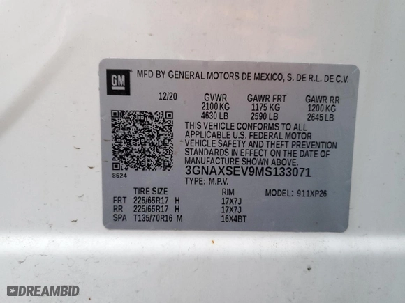2021 Chevrolet Equinox LS with VIN 3GNAXSEV9MS133071, listed as a Copart auction lot 86818614 with 41,185 mi miles and Salvage Title. Bid and sale history available at carsss.com. Image 12.