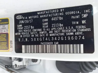 2018 Kia Optima S with VIN 5XXGT4L34JG196074, listed as a IAAI auction lot 41335248 with 88,325 mi miles. Bid and sale history available at carsss.com. Image 9.