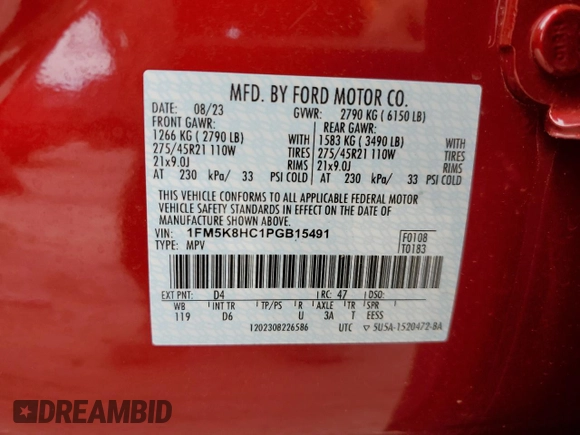 2023 Ford Explorer Platinum with VIN 1FM5K8HC1PGB15491, listed as a Copart auction lot 73356724 with 3,374 mi miles and Salvage title. Bid and sale history available at DreamBid. Image 13.