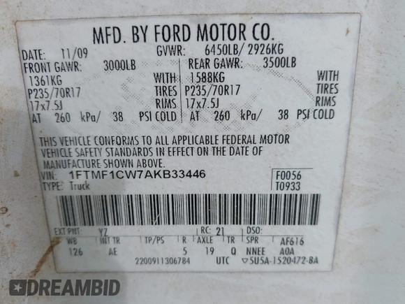 2010 Ford F-150 XL with VIN 1FTMF1CW7AKB33446, listed as a IAAI auction lot 42113484 with 317,762 mi miles and . Bid and sale history available at DreamBid. Image 9.
