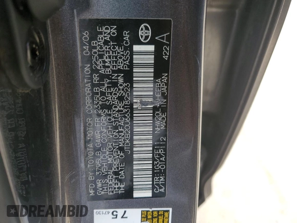 2006 Toyota Prius with VIN JTDKB20U663182523, listed as a Copart auction lot 48240375 with 75,813 mi miles and Clean Title. Bid and sale history available at carsss.com. Image 12.